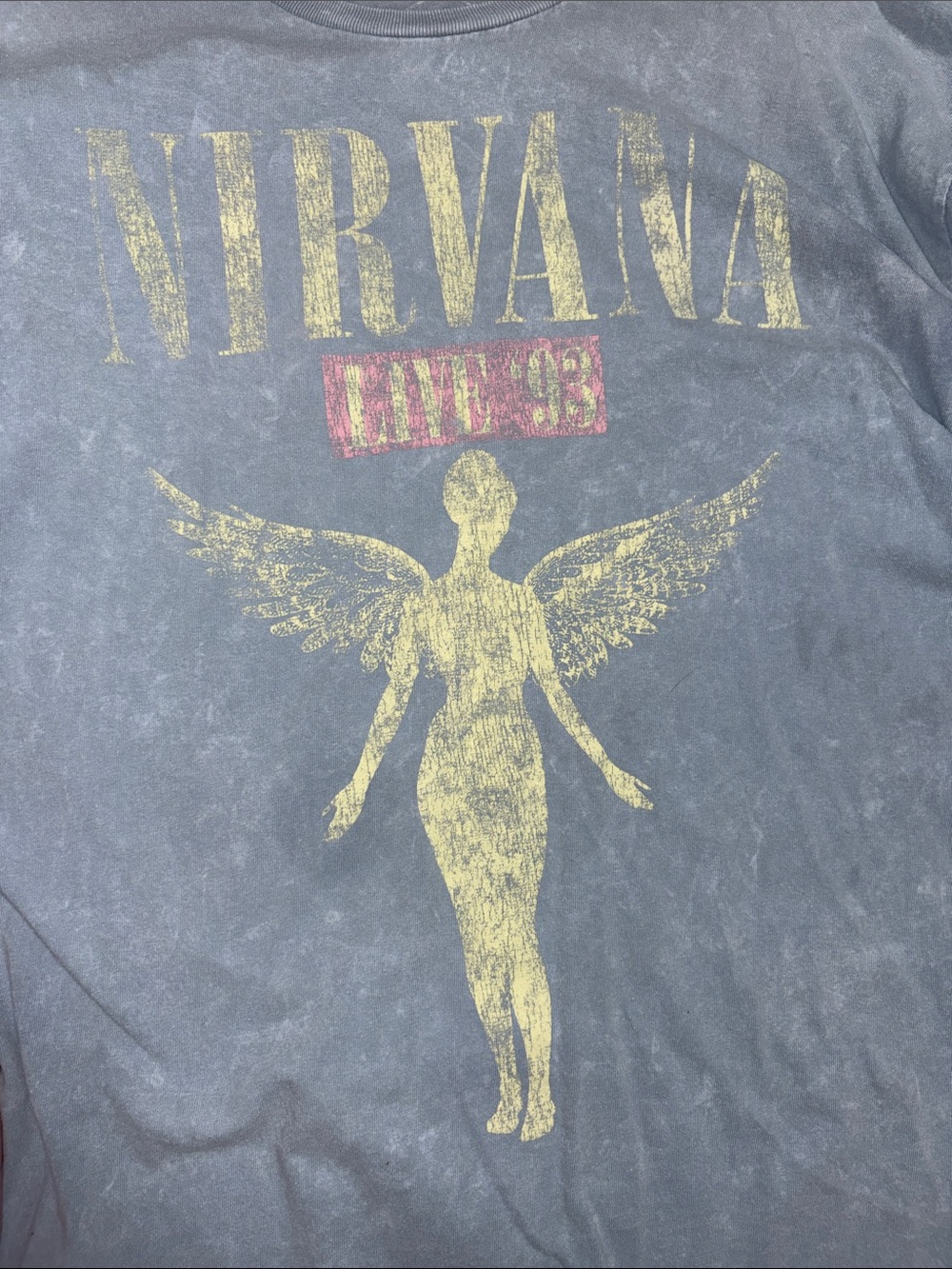 NIRVANA Gray Blue Tee with Yellow Angel and Red LIVE '93 Accent